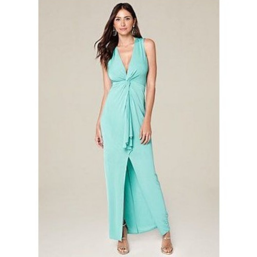 Bebe Slinky Twist Front Gown Turquoise S
